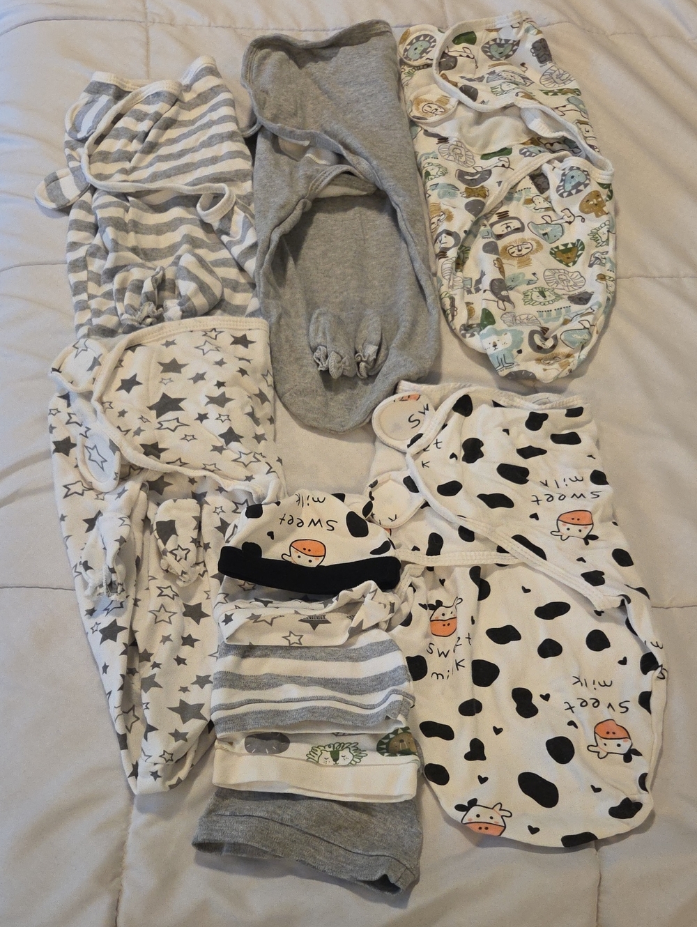 Premie Swaddle, Hat And Mitten Set - Gray, White, Black Patterns